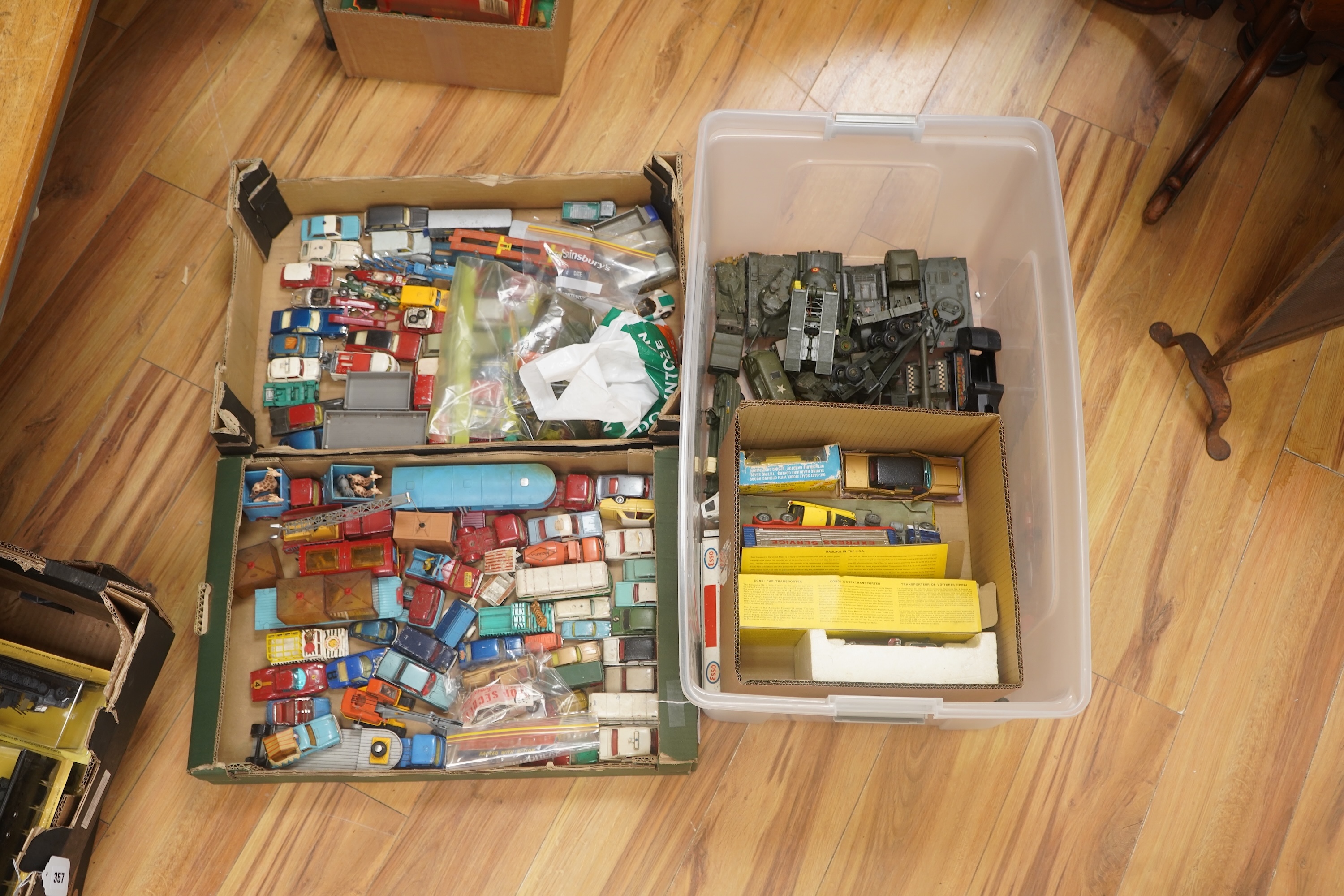 A collection of diecast vehicles by Dinky Toys, Corgi Toys, Husky, Matchbox Series, etc. including a good selection of French Dinky Toys military vehicles, original Chipperfields Circus vehicles, cars, commercial vehicle